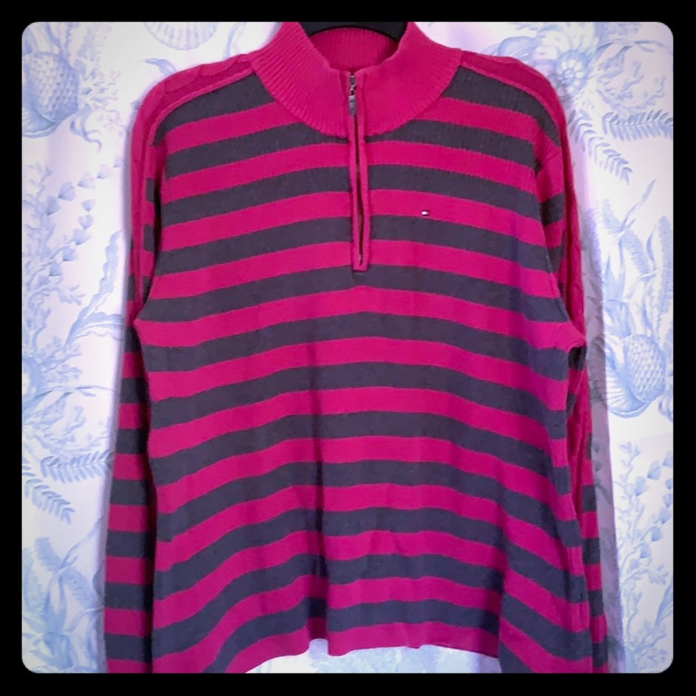 Grey and Pink Tommy Hilfiger Half Zip Sweater XL